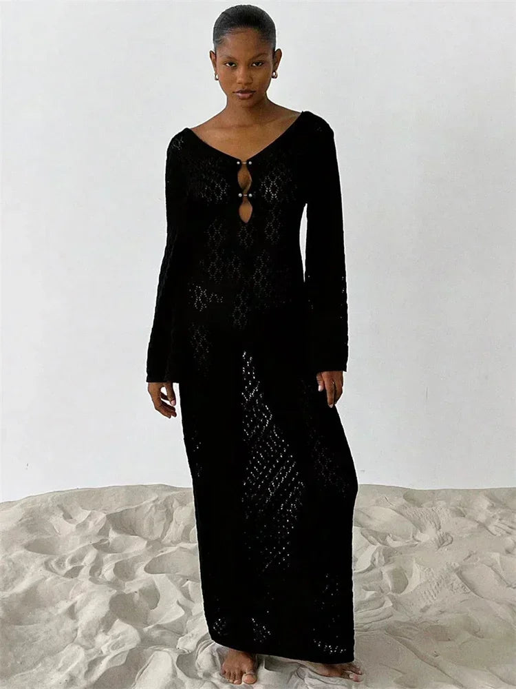 Knitted Crochet Long Sleeve Dress for Women