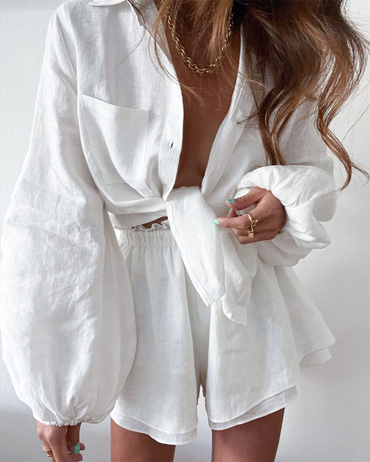 Traje pantalón de algodón y lino para ella