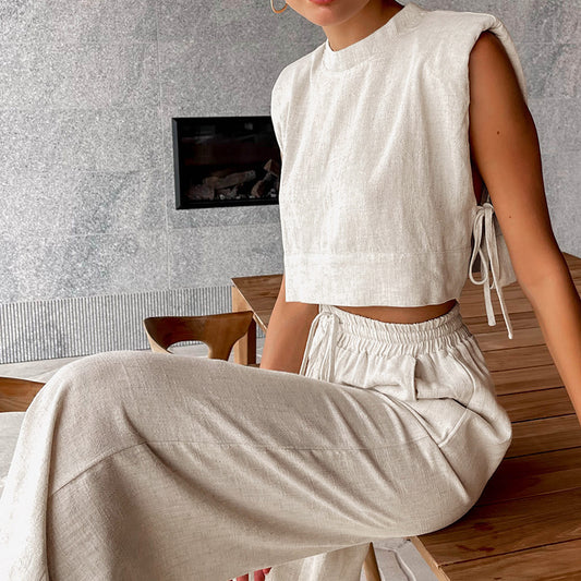 Blusa sin mangas de algodón y lino de verano para mujer