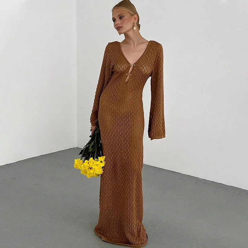 Knitted Crochet Long Sleeve Dress for Women