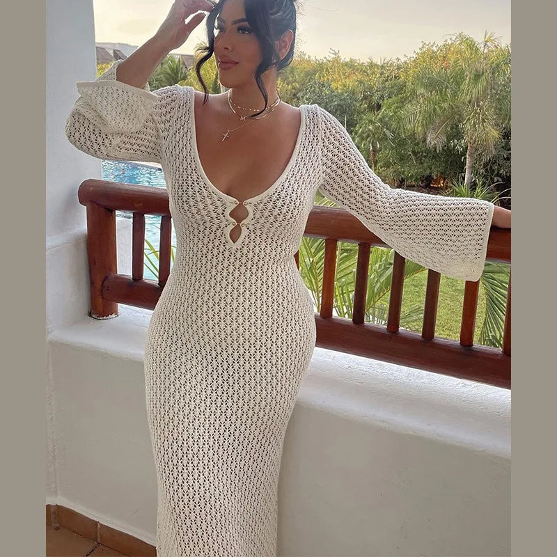 Knitted Crochet Long Sleeve Dress for Women