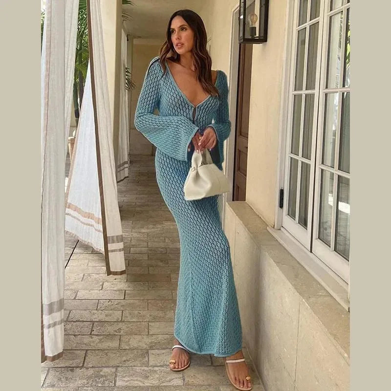 Knitted Crochet Long Sleeve Dress for Women