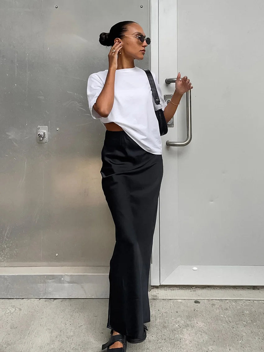 Elegant Satin Black Skirt for Women