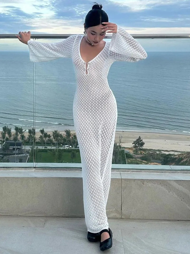 Knitted Crochet Long Sleeve Dress for Women