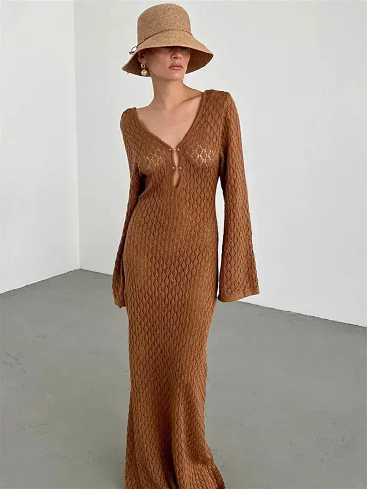Knitted Crochet Long Sleeve Dress for Women
