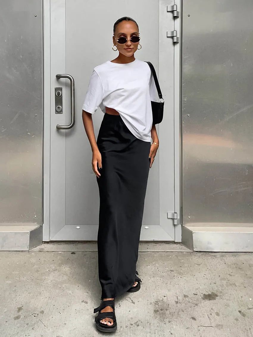 Elegant Satin Black Skirt for Women